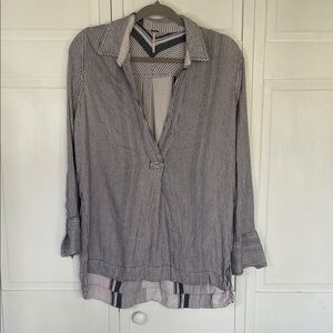 Free People Soft Blue and White Striped V-Neck Collared Tunic Sz M
